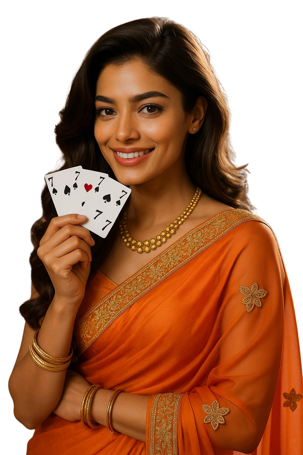 Beautiful Indian woman in orange saree holding playing cards